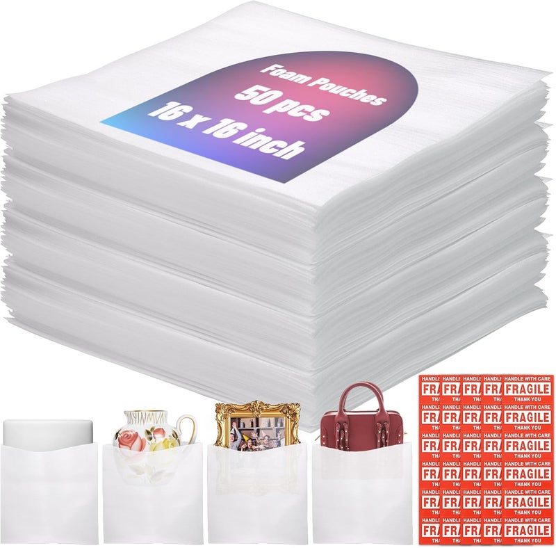 VIOBEPASS 80 Pcs Packing Foam Pouches 16'' x 16'' Cushion Foam Wrap Pouches with Fragile Stickers for Packaging and Protecting Dishes Cup China Glasses, Packing Supplies for Moving, Storage & Shipping - Image 1